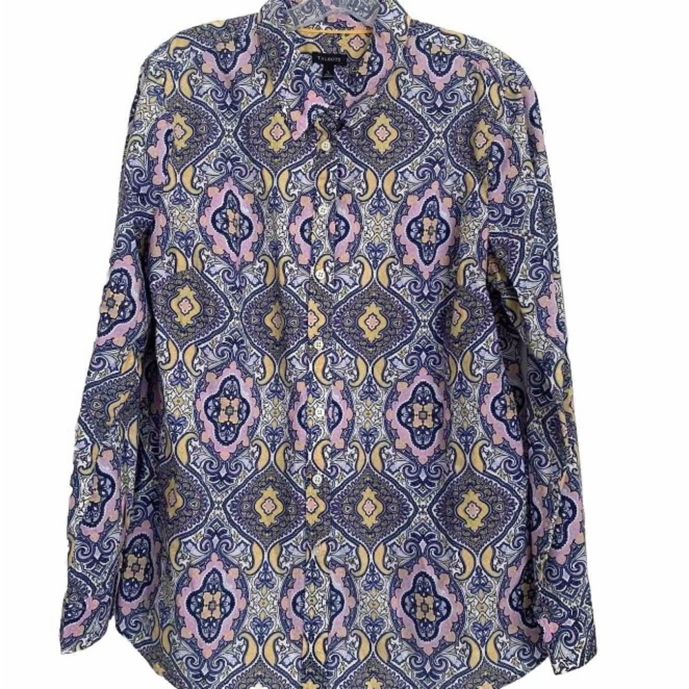Talbots Shirt Button Up Paisley Bold Print Pastel Cotton Colorful Top Women’s L